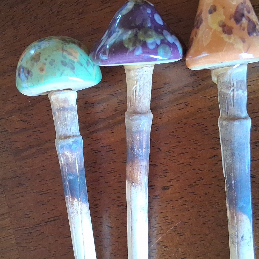 Handcrafted Ceramic Mushroom Garden Stakes - Multicolor Set Of 3 - Picture 7 of 9